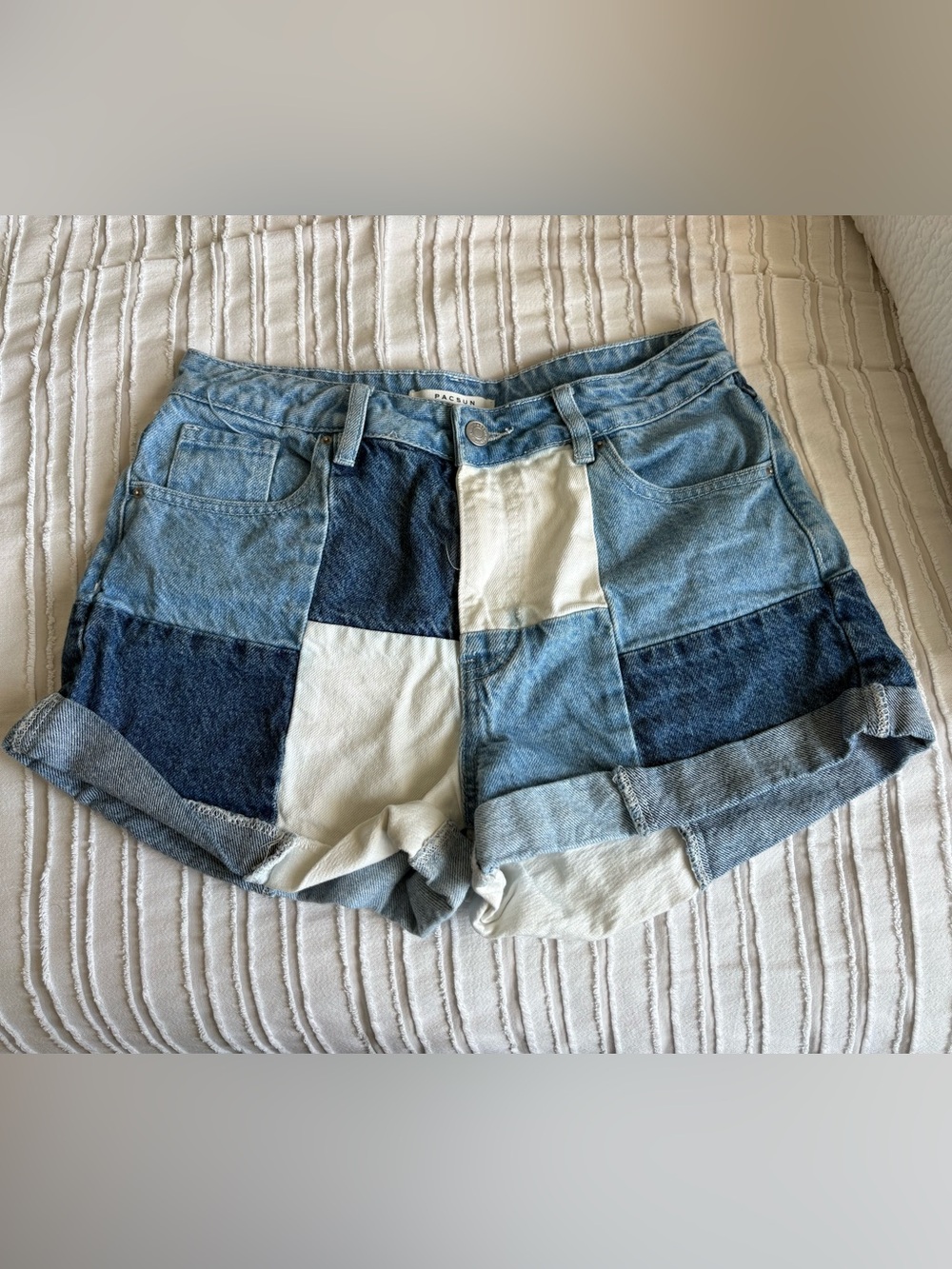 PacSun Patchwork Denim Shortalls in Light Blue and White